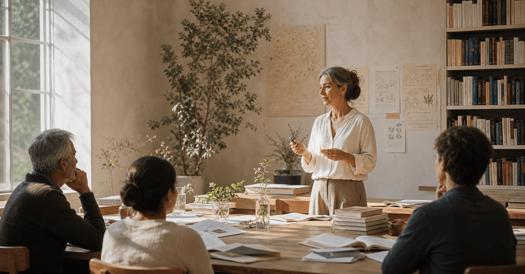 A warm academic longevity education setting with clinicians, books, and research materials